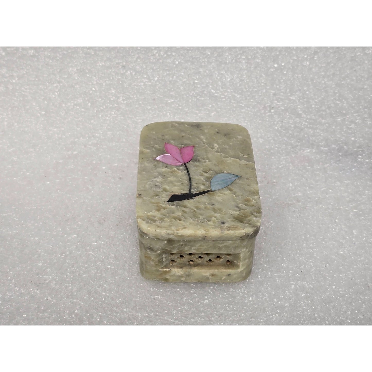 Vintage Handmade Soapstone Trinket Jewelry Box With Floral Inlay Design India