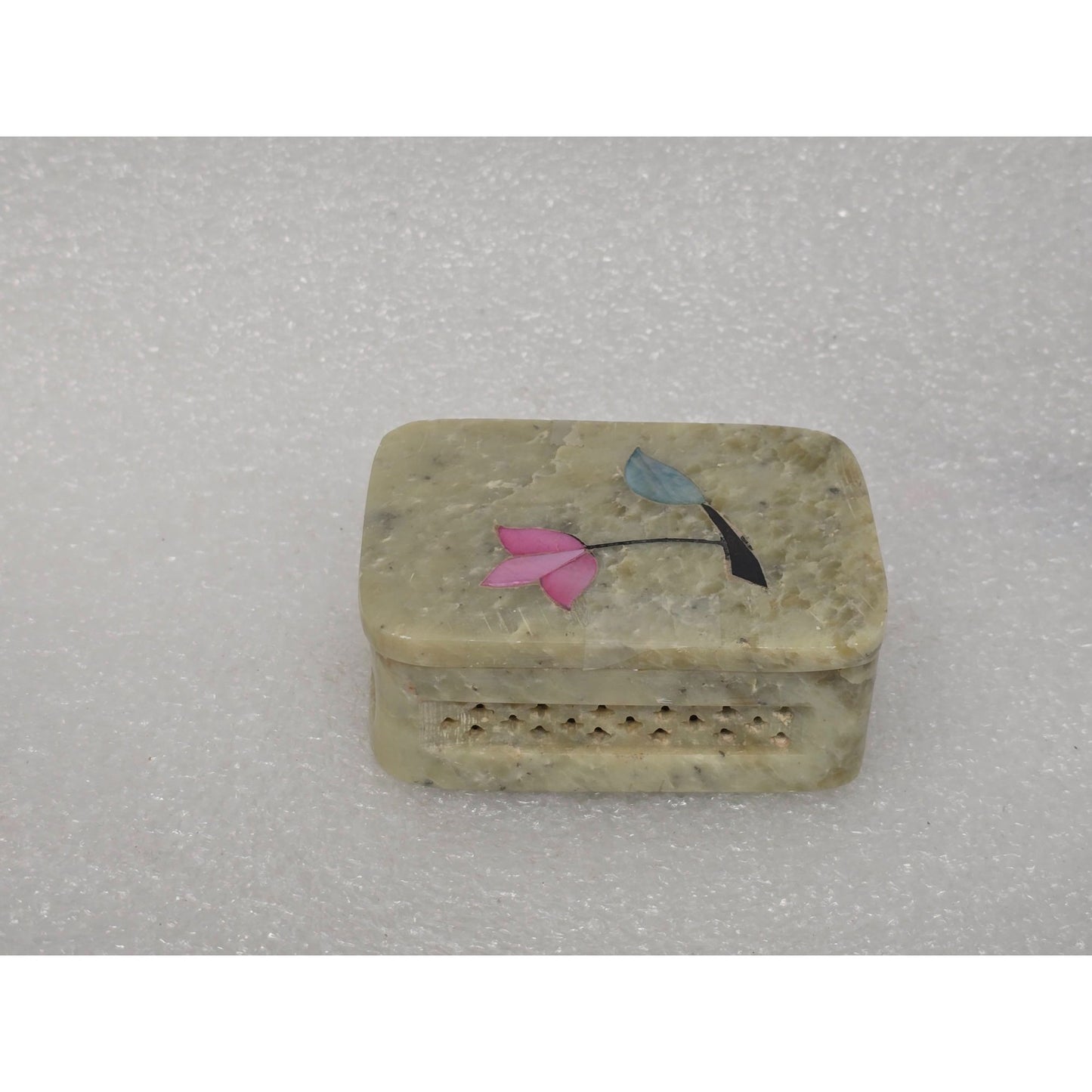 Vintage Handmade Soapstone Trinket Jewelry Box With Floral Inlay Design India