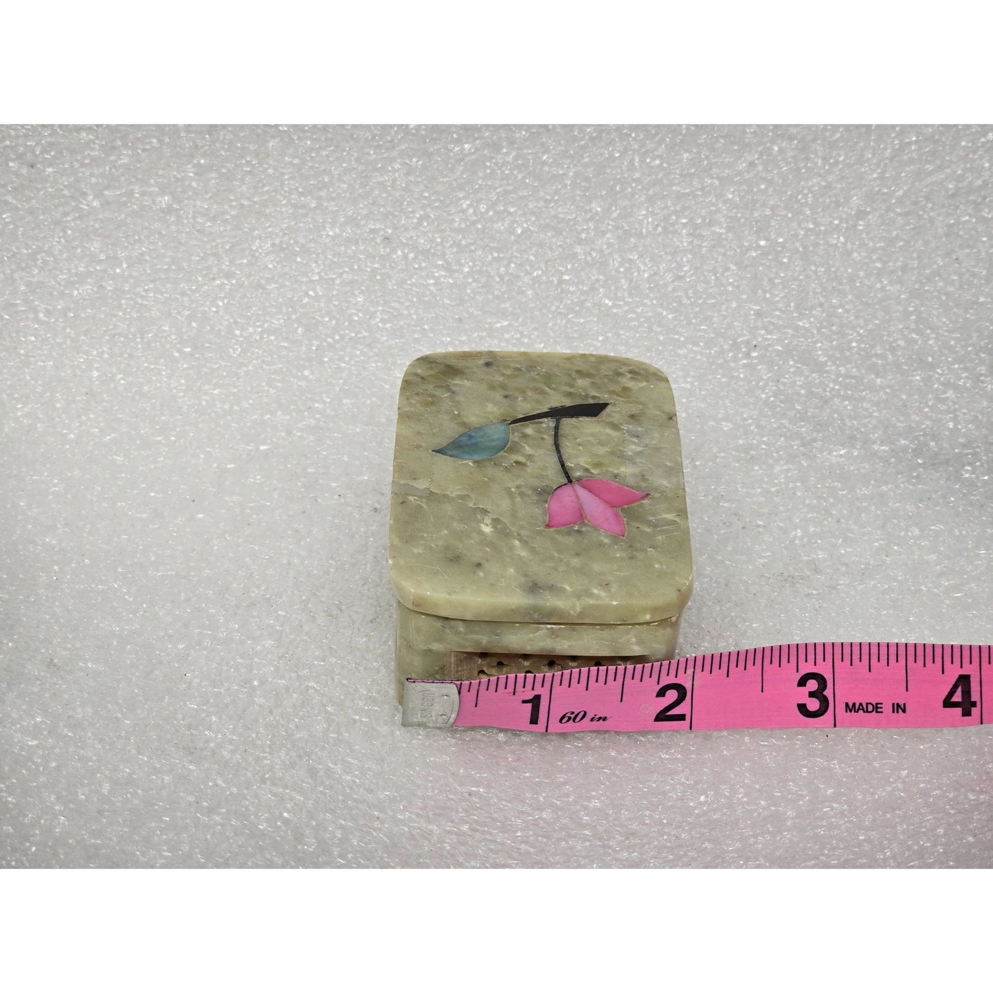 Vintage Handmade Soapstone Trinket Jewelry Box With Floral Inlay Design India