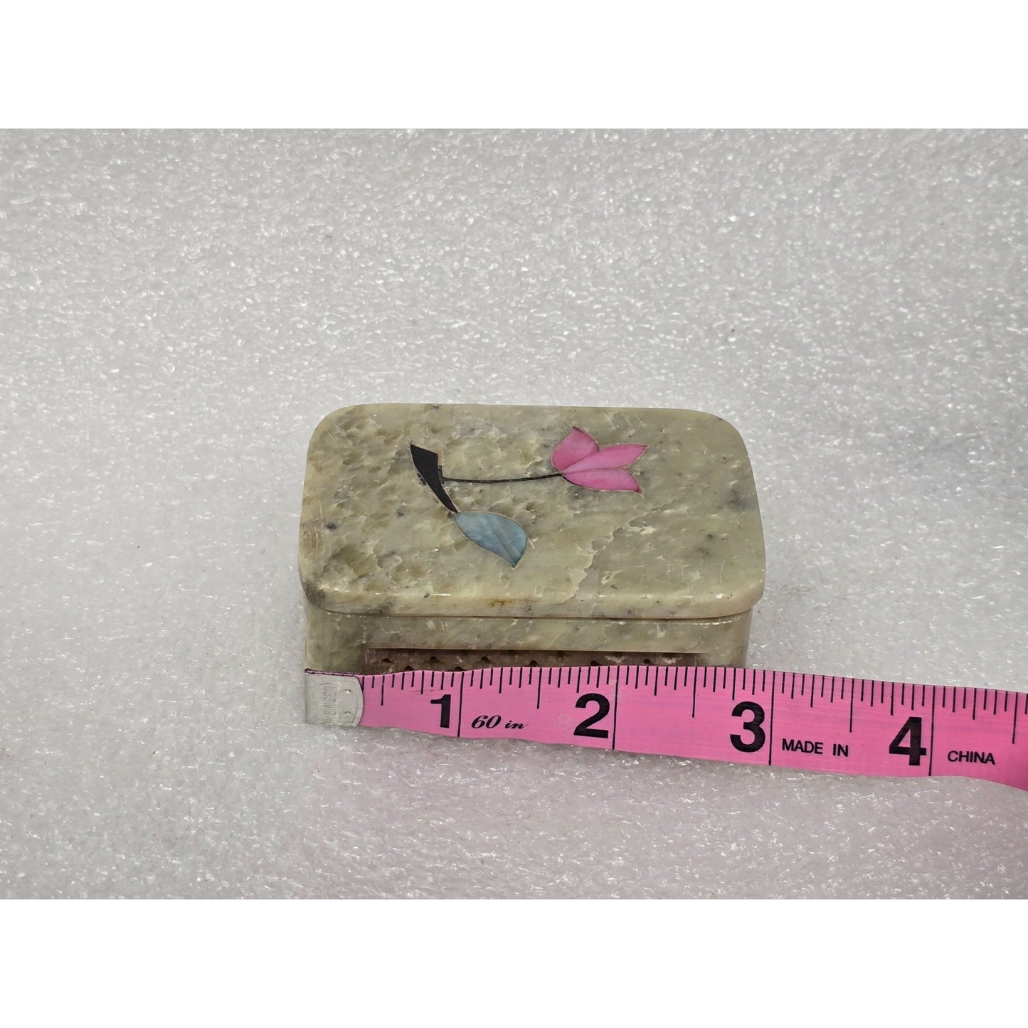 Vintage Handmade Soapstone Trinket Jewelry Box With Floral Inlay Design India