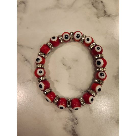 Evil Eye Red & Silver Beaded Stretch Protection Bracelet