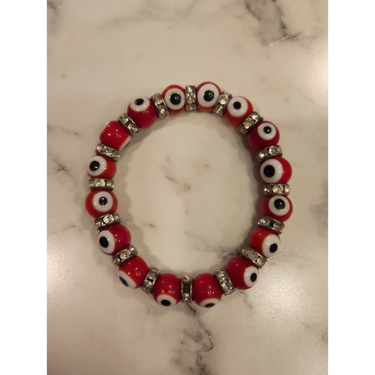 Evil Eye Red & Silver Beaded Stretch Protection Bracelet