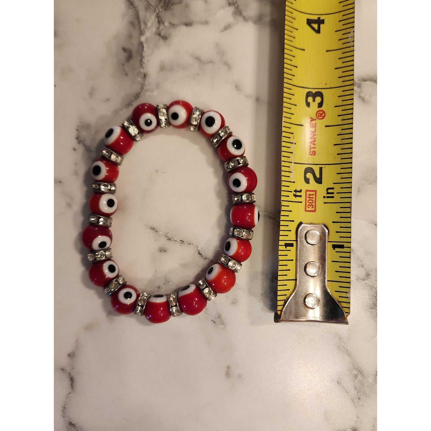 Evil Eye Red & Silver Beaded Stretch Protection Bracelet