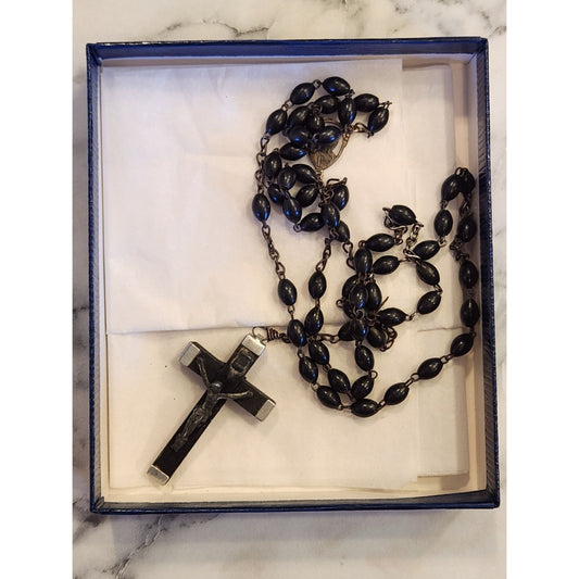 Vintage Black Rosary Beads With Cross Crucifix Gift Box Made in Italy Catholic