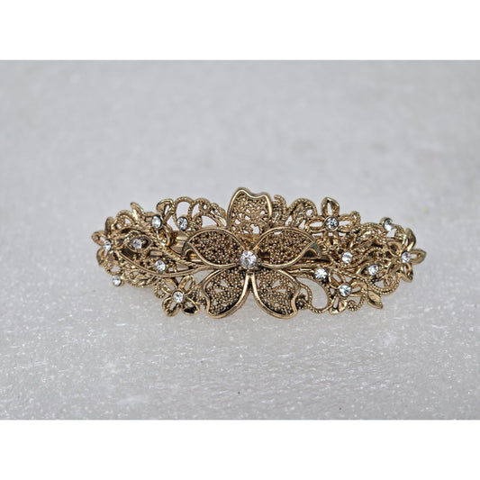 Vintage Gold Tone Floral Rhinestone Hair Barrette Clip