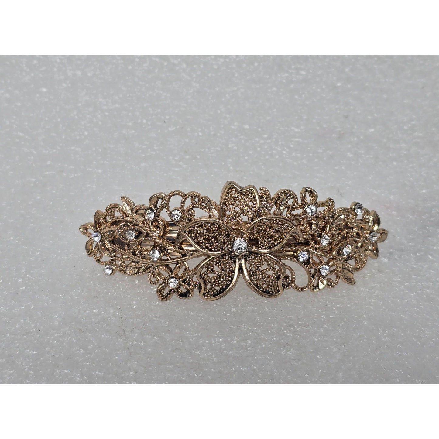 Vintage Gold Tone Floral Rhinestone Hair Barrette Clip