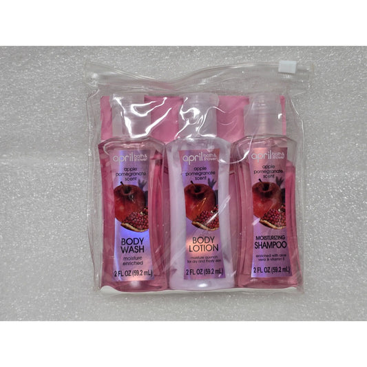 April Bath & Shower Apple Pomegranate Scent Travel Set Body Wash Lotion Shampoo