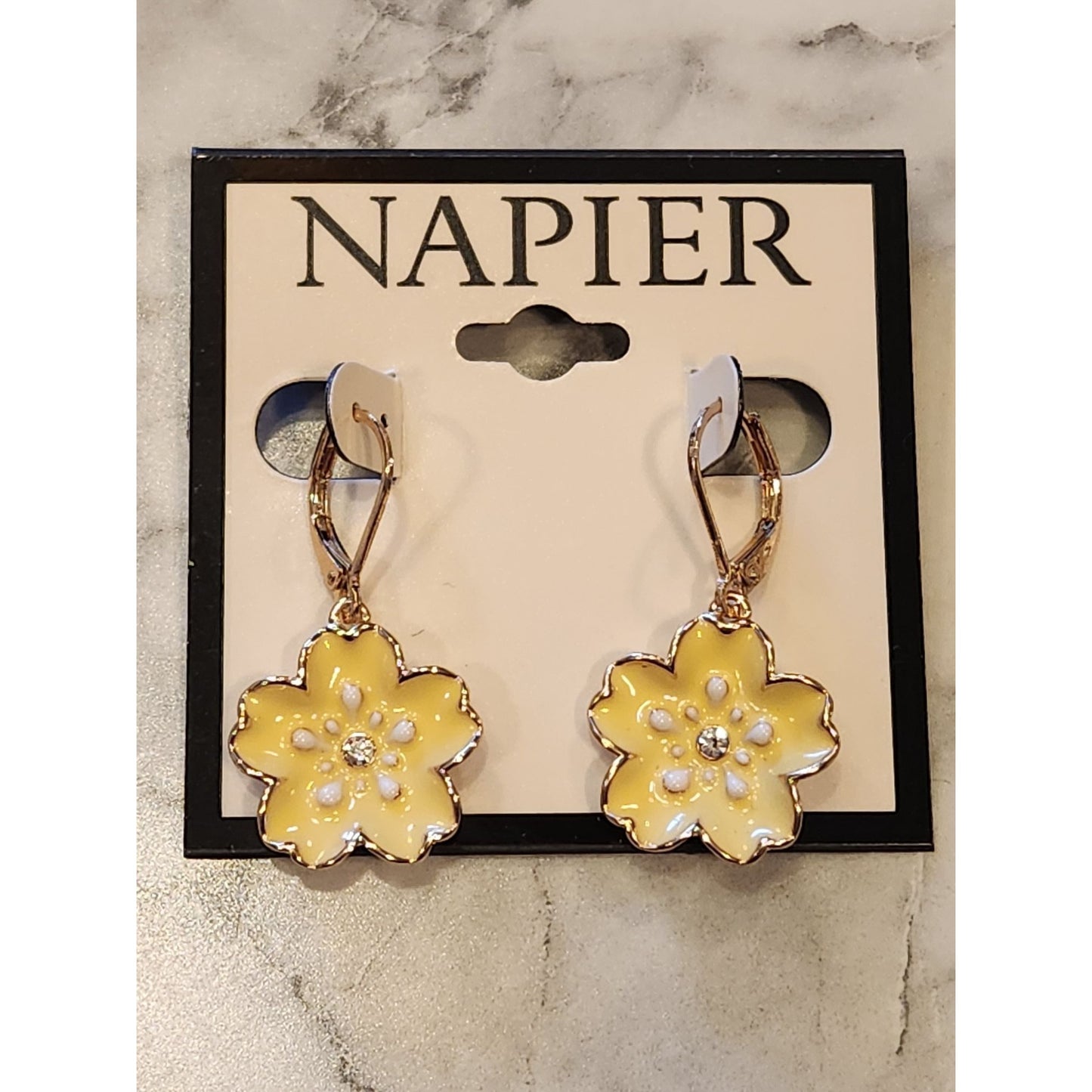Napier Yellow Flower Leverback Earrings With Rhinestone Accents