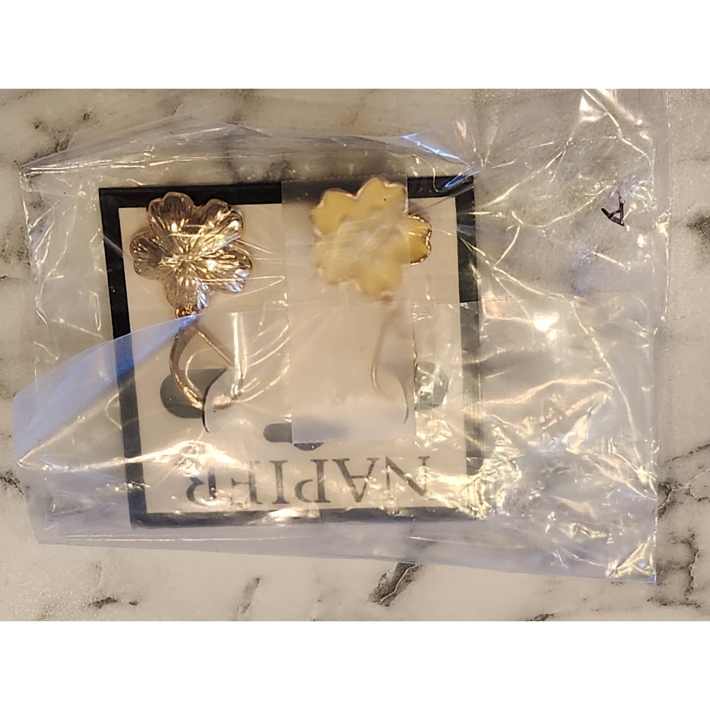 Napier Yellow Flower Leverback Earrings With Rhinestone Accents