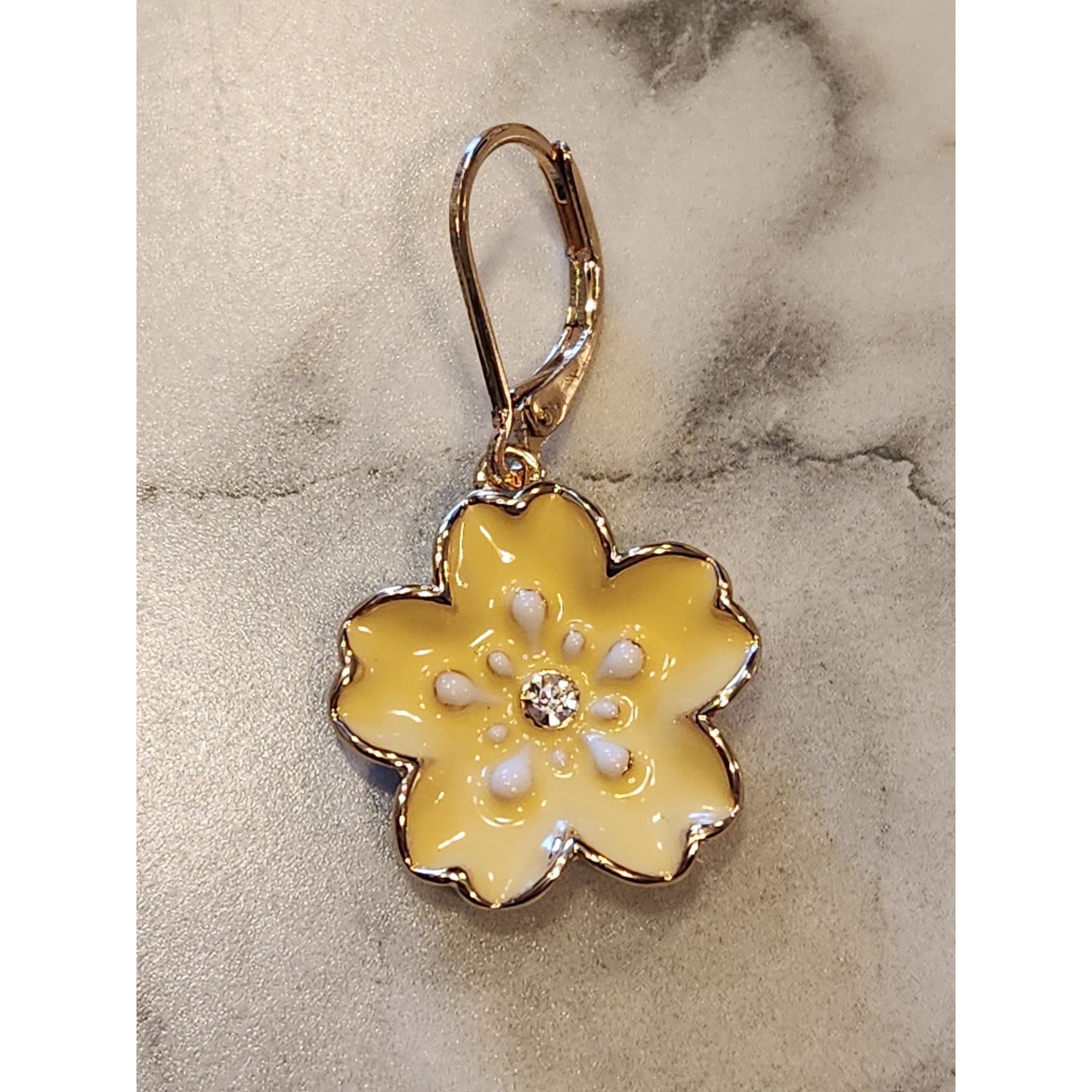 Napier Yellow Flower Leverback Earrings With Rhinestone Accents