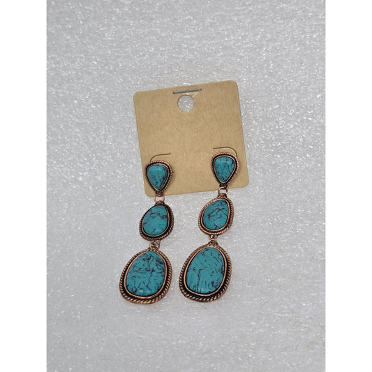 Faux Turquoise & Copper Tone Dangle Earrings Teardrop Boho Style Western