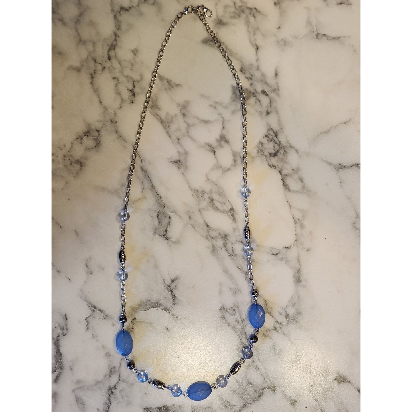 Vintage Blue Beaded Necklace With Silver Tone Accents & Chain