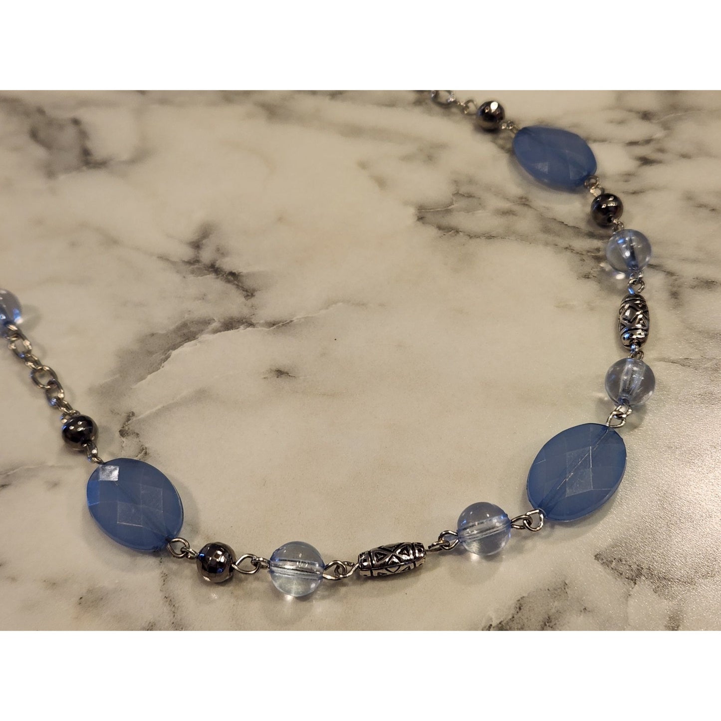 Vintage Blue Beaded Necklace With Silver Tone Accents & Chain