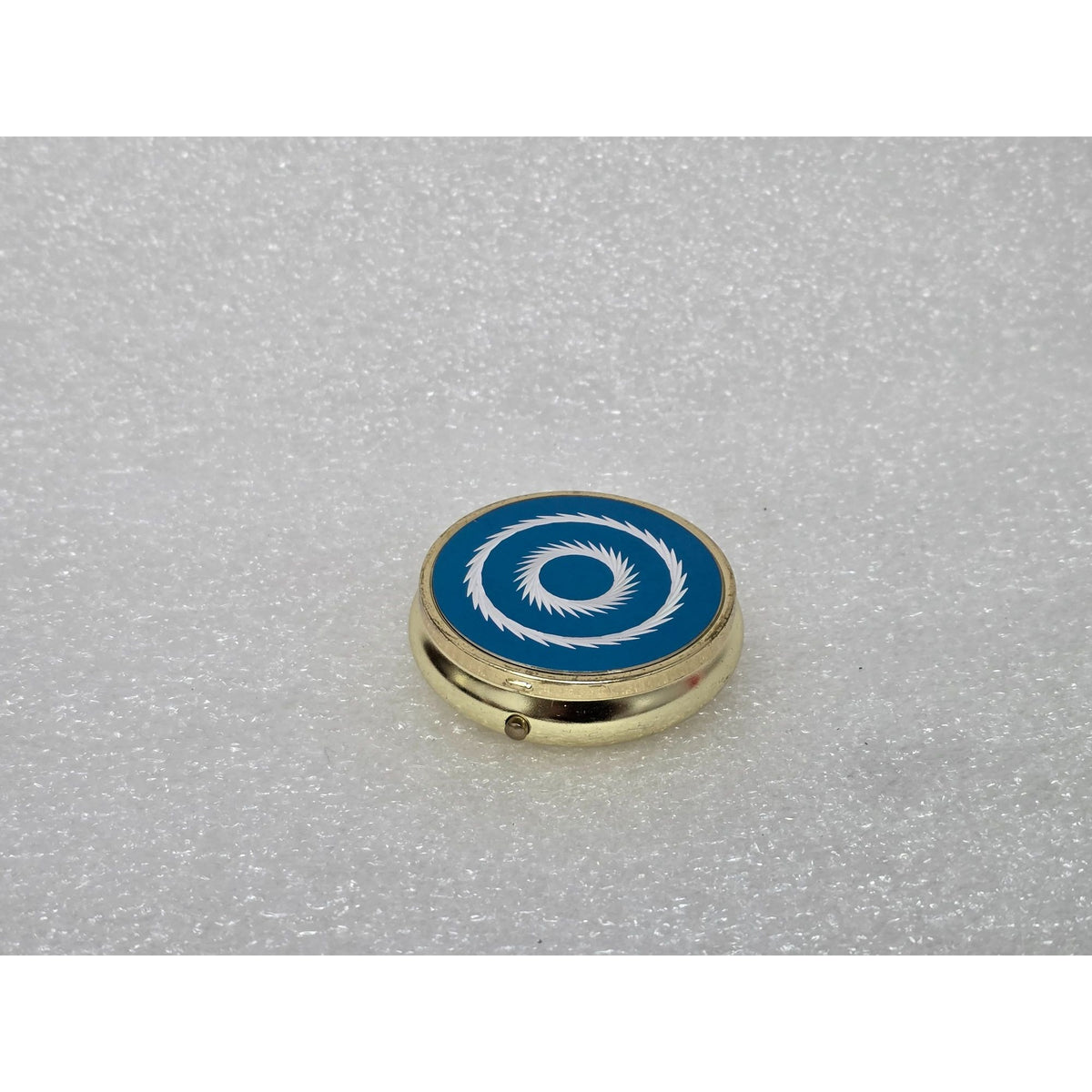 Vintage Gold-Tone Round Pill Box With Blue Enamel Design & 3 Compartments
