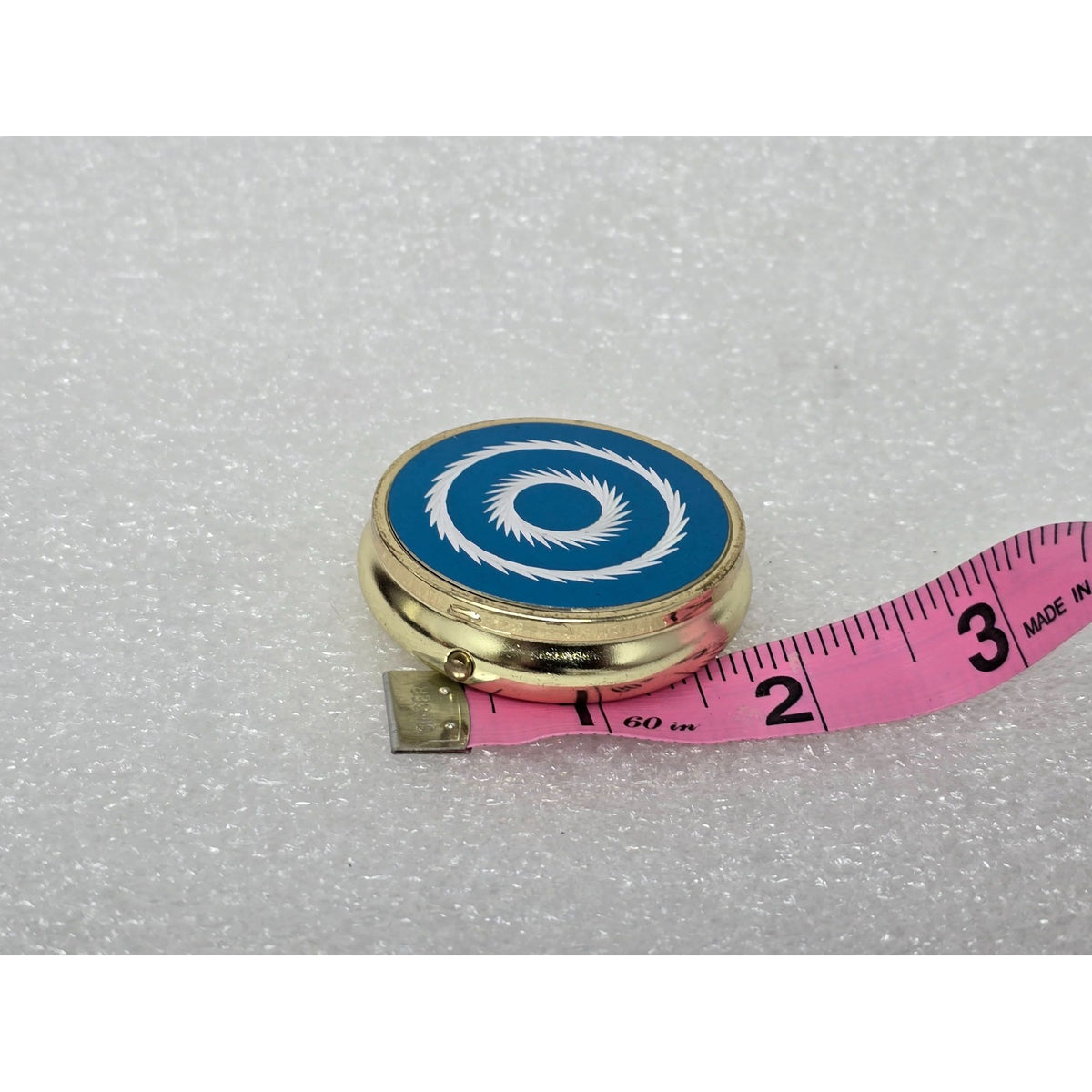 Vintage Gold-Tone Round Pill Box With Blue Enamel Design & 3 Compartments