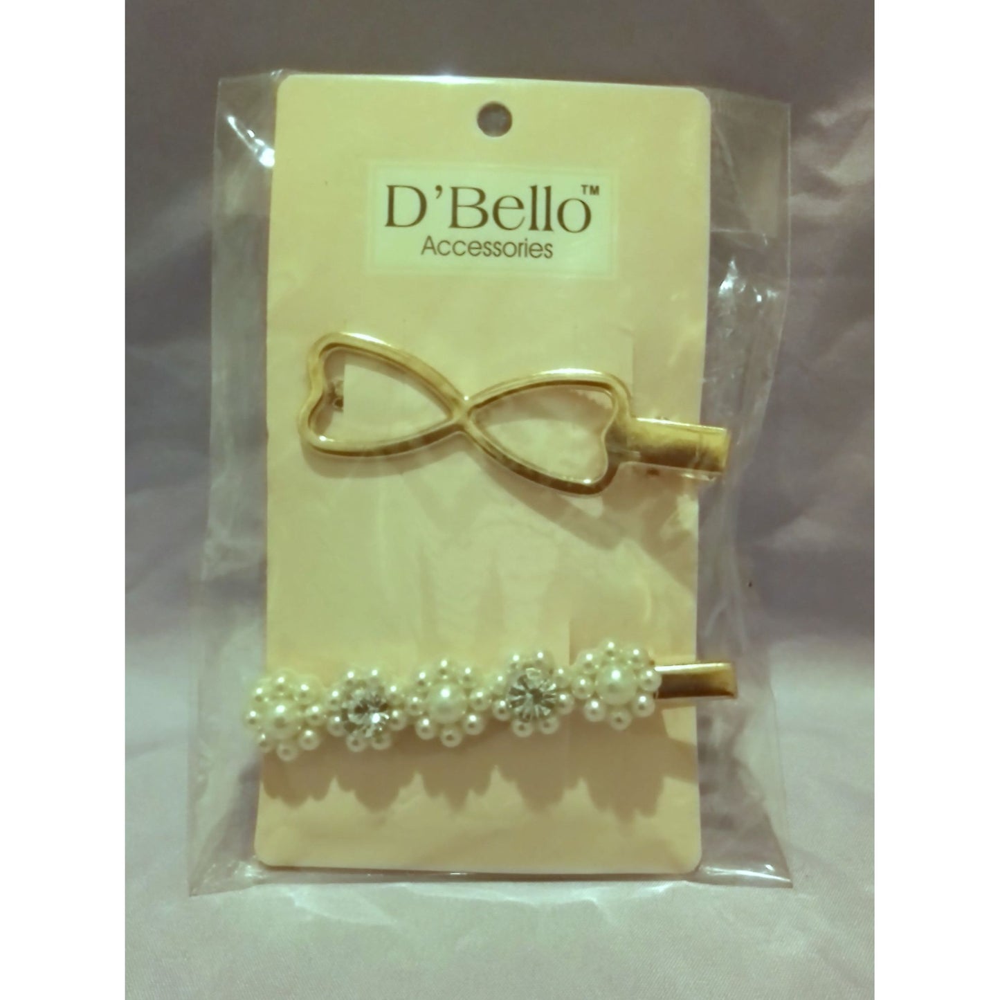 D'Bello Gold Tone Bow & Faux Pearl with Rhinestone Hair Clips Barrettes Set Of 2