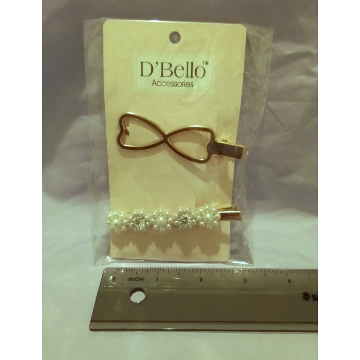 D'Bello Gold Tone Bow & Faux Pearl with Rhinestone Hair Clips Barrettes Set Of 2