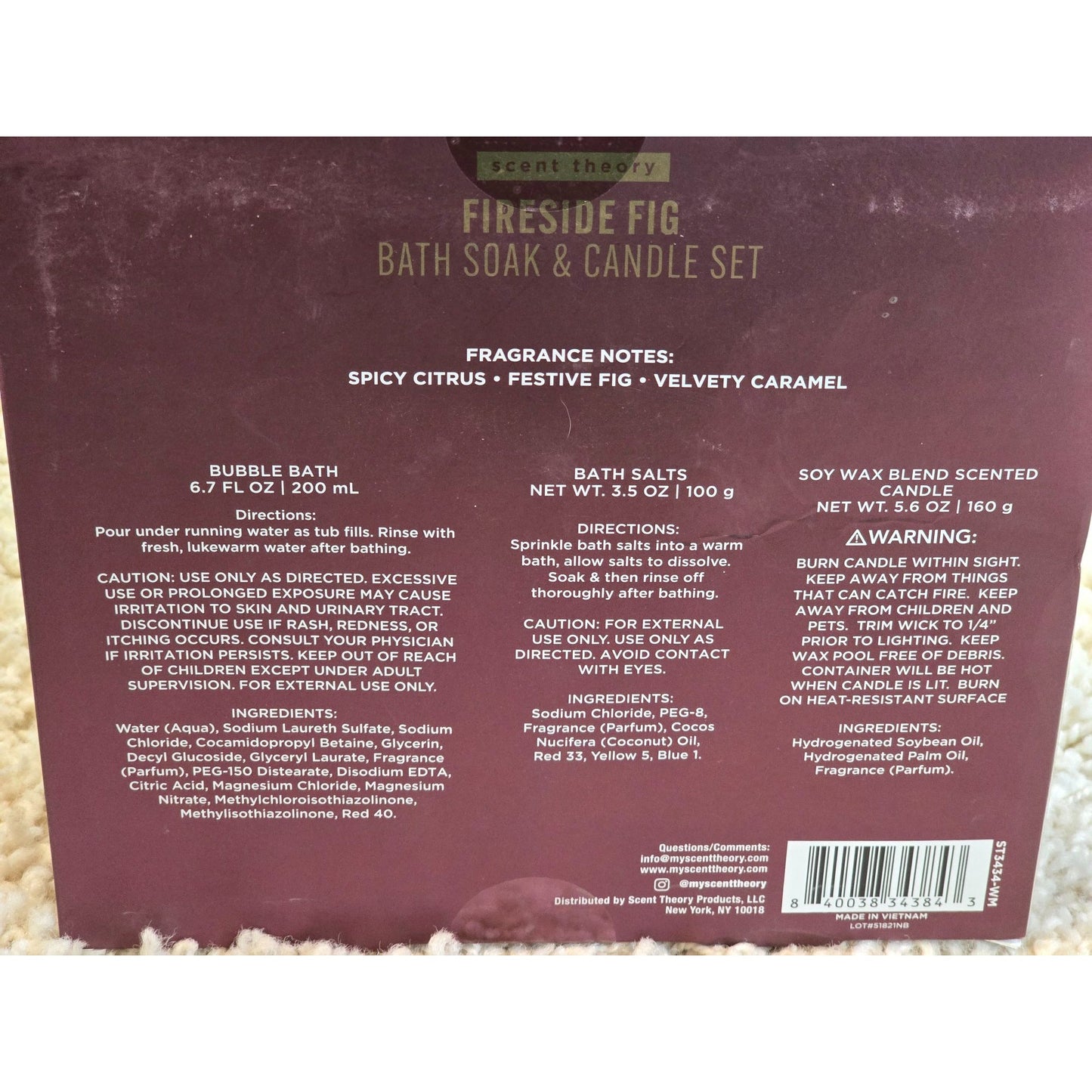 Scent Theory Fireside Fig Bath Soak & Candle Set Spa Gift Box Holiday