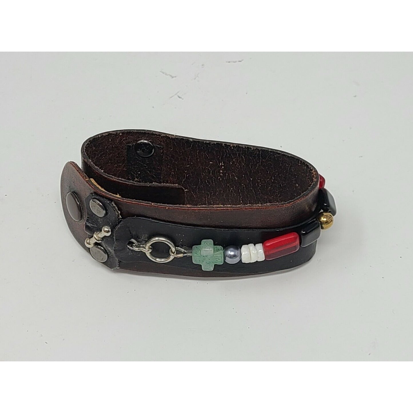 Brown Leather Cuff Bracelet w/Red, Green, White, & Gold Beads