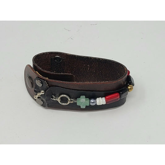 Brown Leather Cuff Bracelet w/Red, Green, White, & Gold Beads