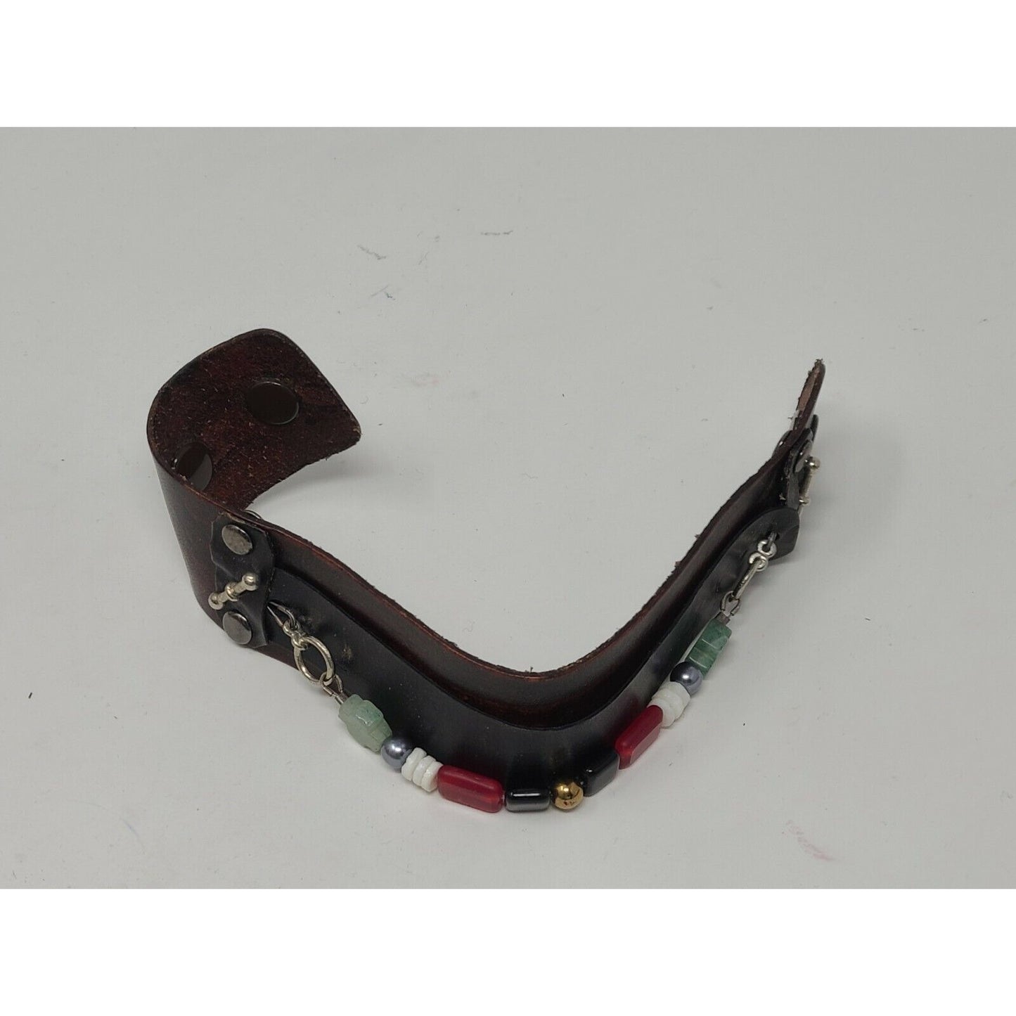 Brown Leather Cuff Bracelet w/Red, Green, White, & Gold Beads
