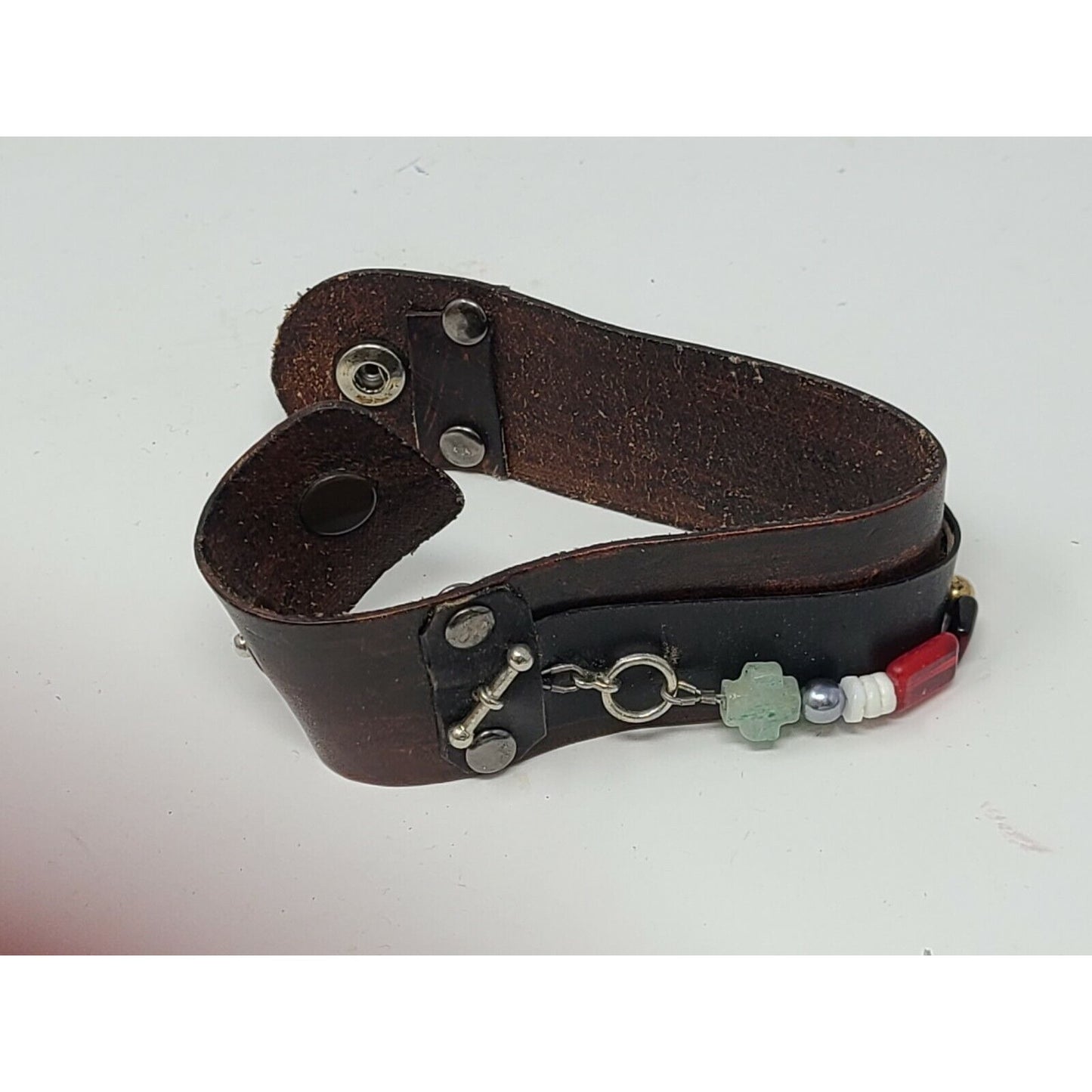 Brown Leather Cuff Bracelet w/Red, Green, White, & Gold Beads