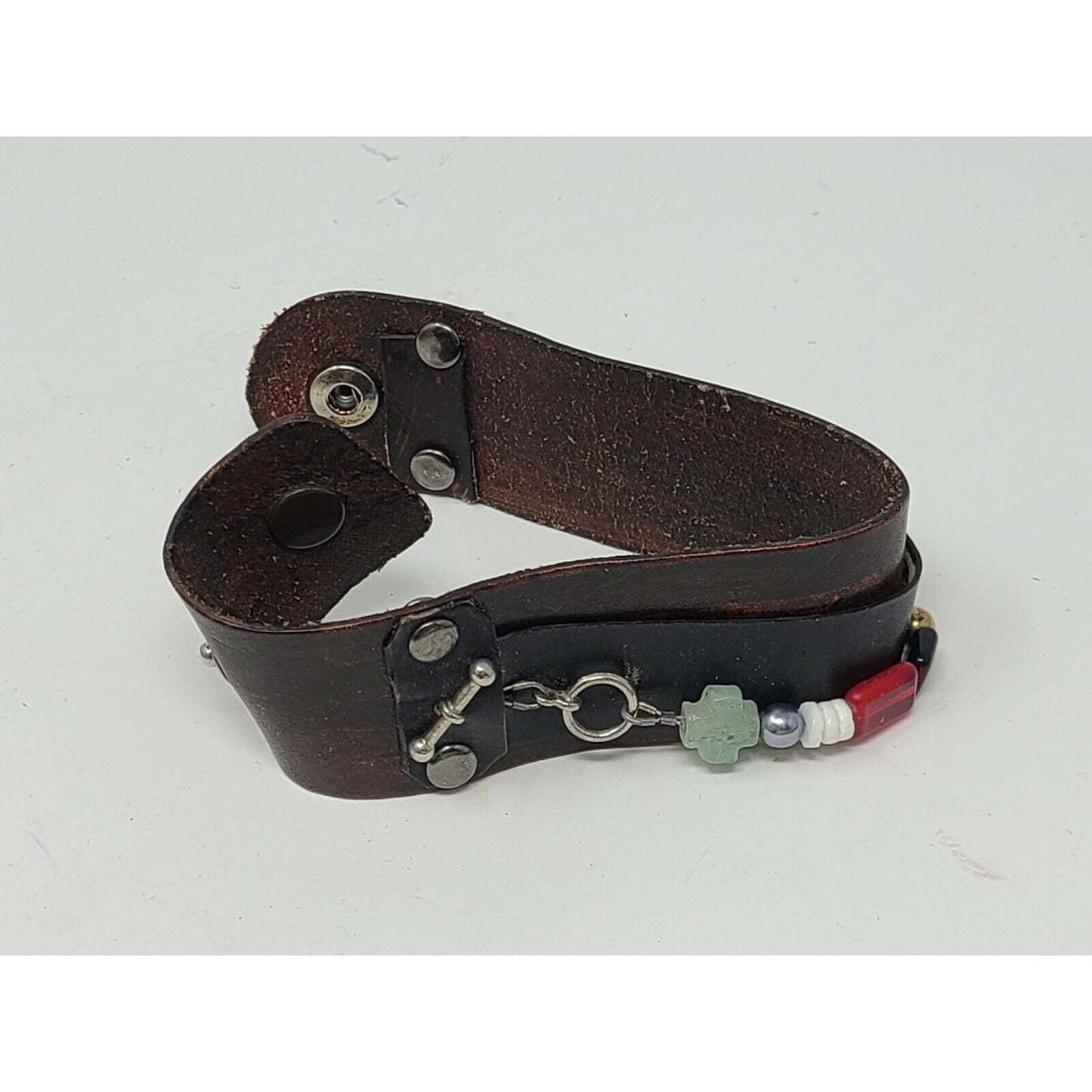 Brown Leather Cuff Bracelet w/Red, Green, White, & Gold Beads