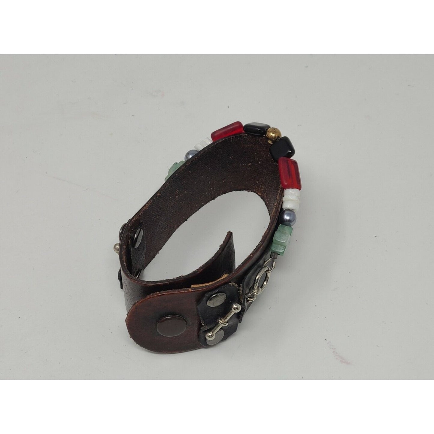 Brown Leather Cuff Bracelet w/Red, Green, White, & Gold Beads