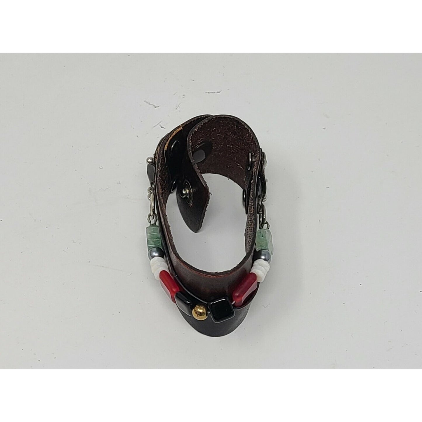 Brown Leather Cuff Bracelet w/Red, Green, White, & Gold Beads