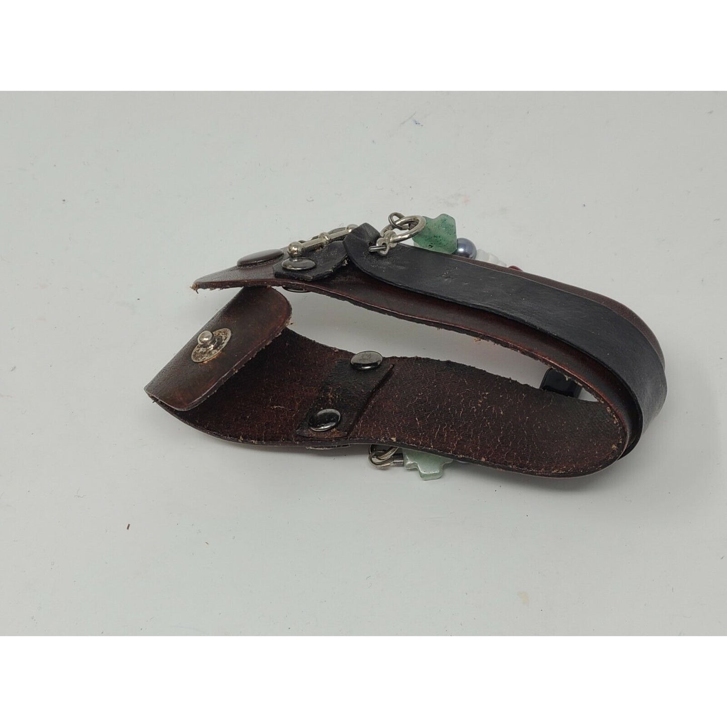 Brown Leather Cuff Bracelet w/Red, Green, White, & Gold Beads