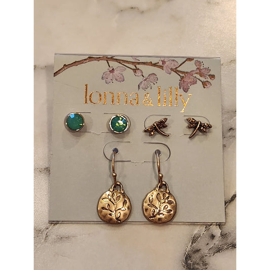 Lonna & Lilly 3-Pair Earrings Set - Green Studs Dragonfly & Gold Drop Earrings
