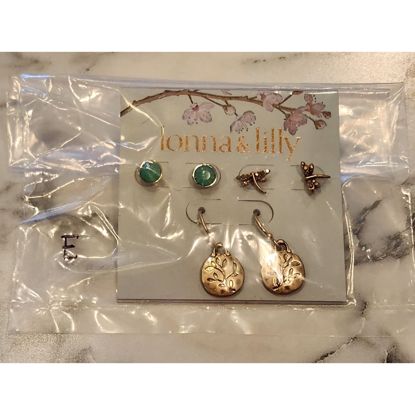 Lonna & Lilly 3-Pair Earrings Set - Green Studs Dragonfly & Gold Drop Earrings