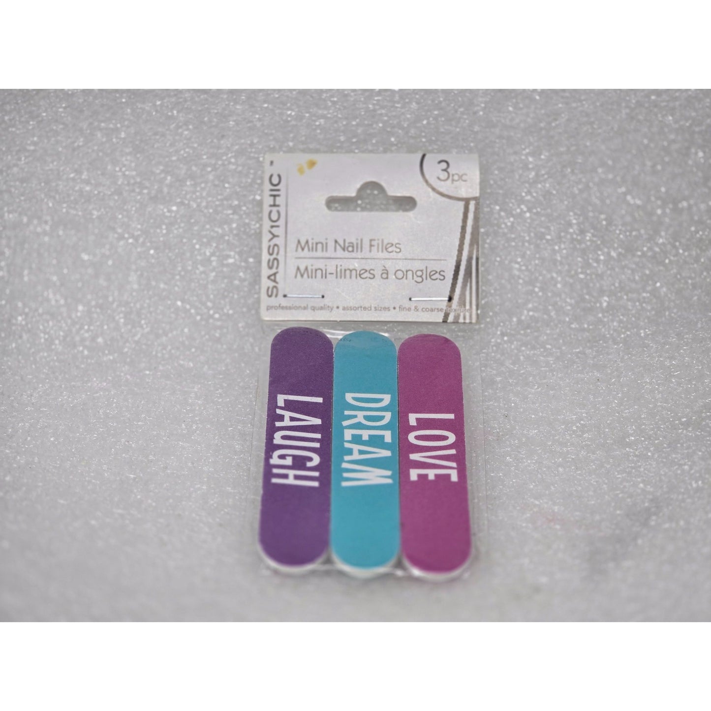 Sassy + Chic 3 Pc Mini Nail Files Purple Blue Pink Love Dream Laugh