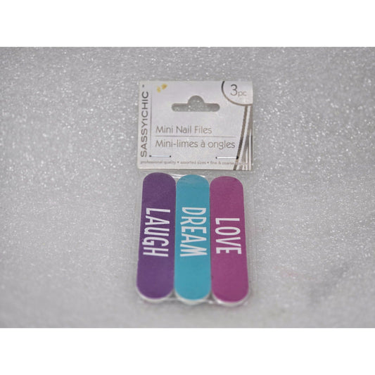 Sassy + Chic 3 Pc Mini Nail Files Purple Blue Pink Love Dream Laugh