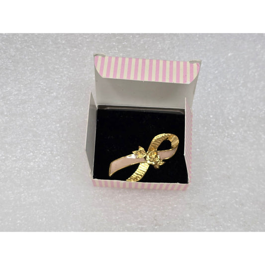 Avon Better Breast Care Pink Ribbon Pin Gold Tone With Box Vintage 1994