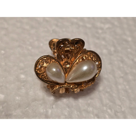 Vintage Gold-Tone Hair Claw Clip Faux Pearl Embellishments & Intricate Filigree