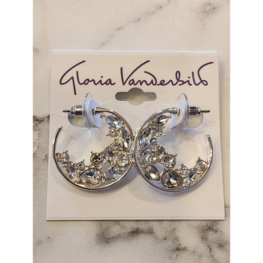 Gloria Vanderbilt Silver-Tone Moon Hoop Earrings With Clear Rhinestones