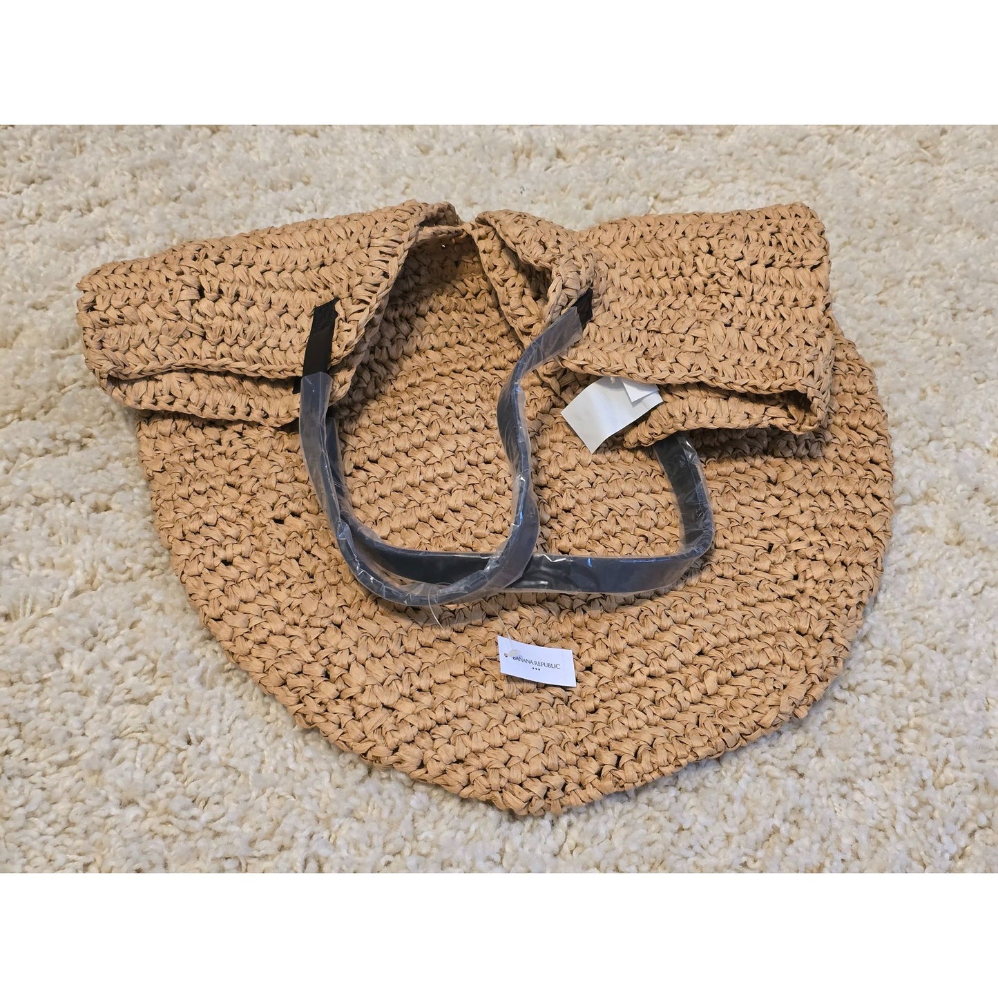 Banana Republic Woven Straw Tote Bag Synthetic Leather Handles One Size Beige
