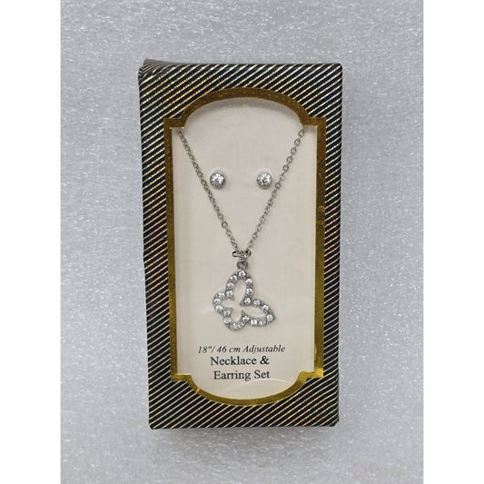 Butterfly Pendant Necklace & Earring Set Crystals 18" Adjustable Silver-Tone