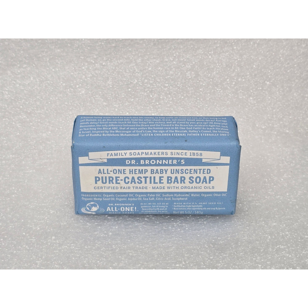 Dr. Bronners Pure-Castile Bar Soap 5 Oz Unscented Baby Safe Organic Oils