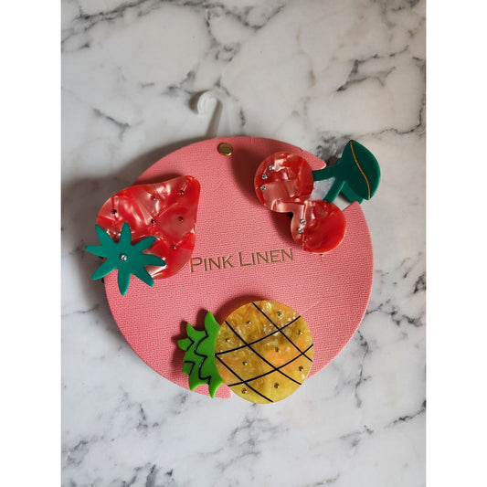 Pink Linen Fruit-Themed Hair Clips With Cherry Strawberry & Pineapple Designs