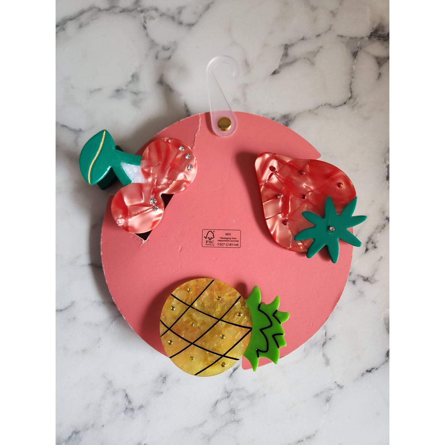 Pink Linen Fruit-Themed Hair Clips With Cherry Strawberry & Pineapple Designs