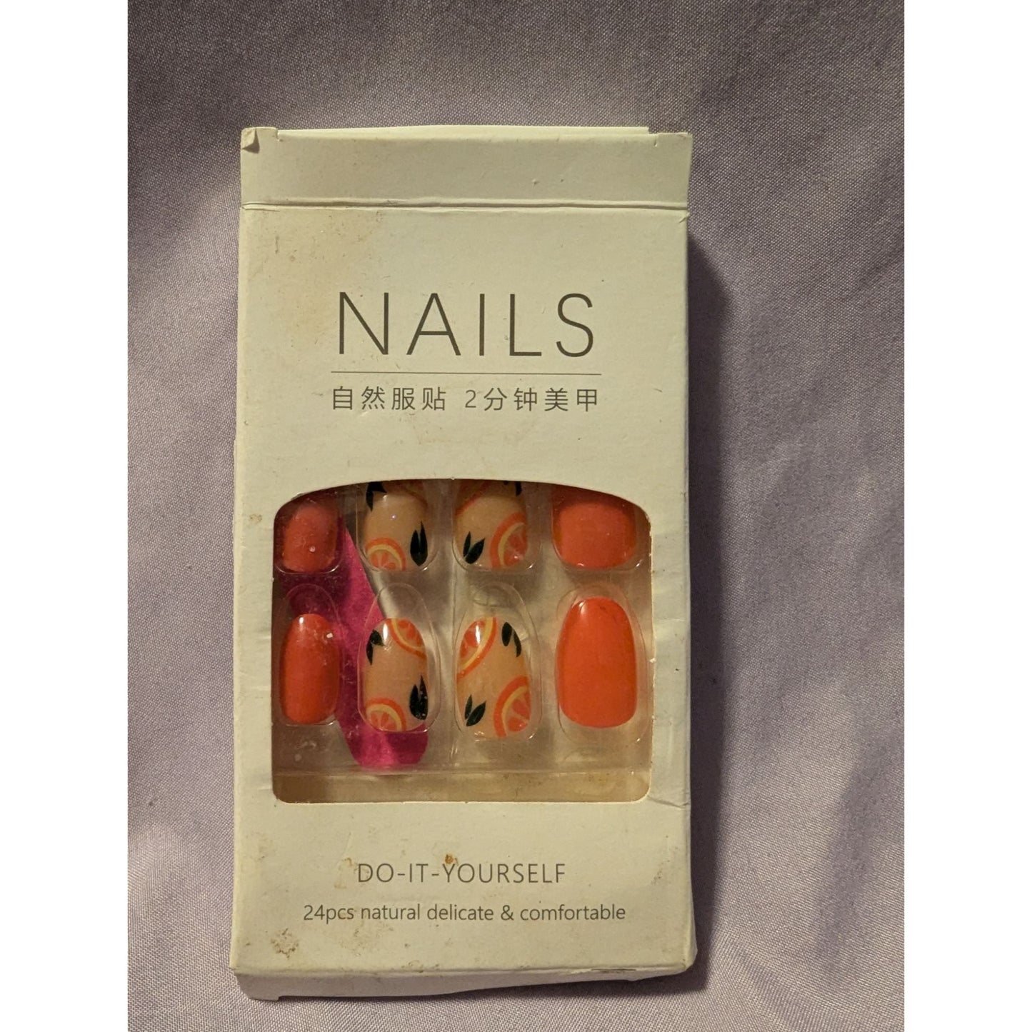 24pcs DIY Press-On Nails With Peach Design & Orange Accents