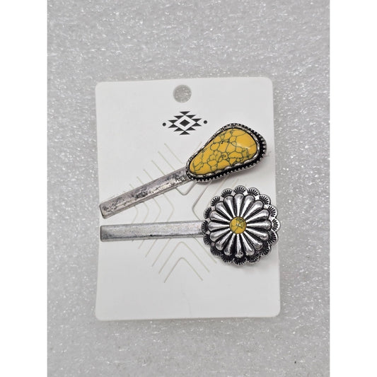 Vintage Style Silver Tone & Yellow Hair Clips Set Of 2 Floral & Faux Turquoise