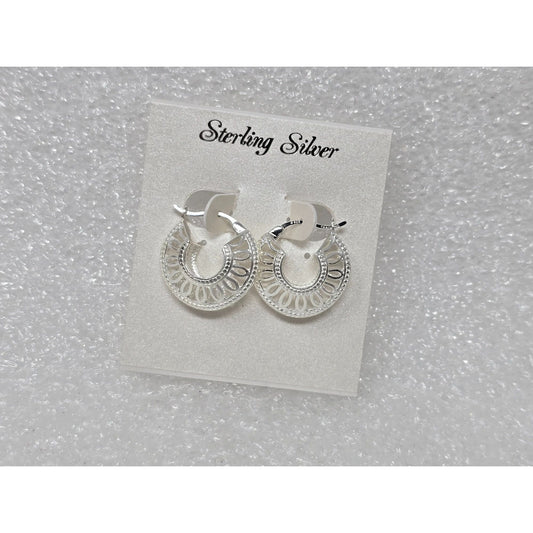 Sterling Silver Round Hoop Earrings With Intricate Cutout Design