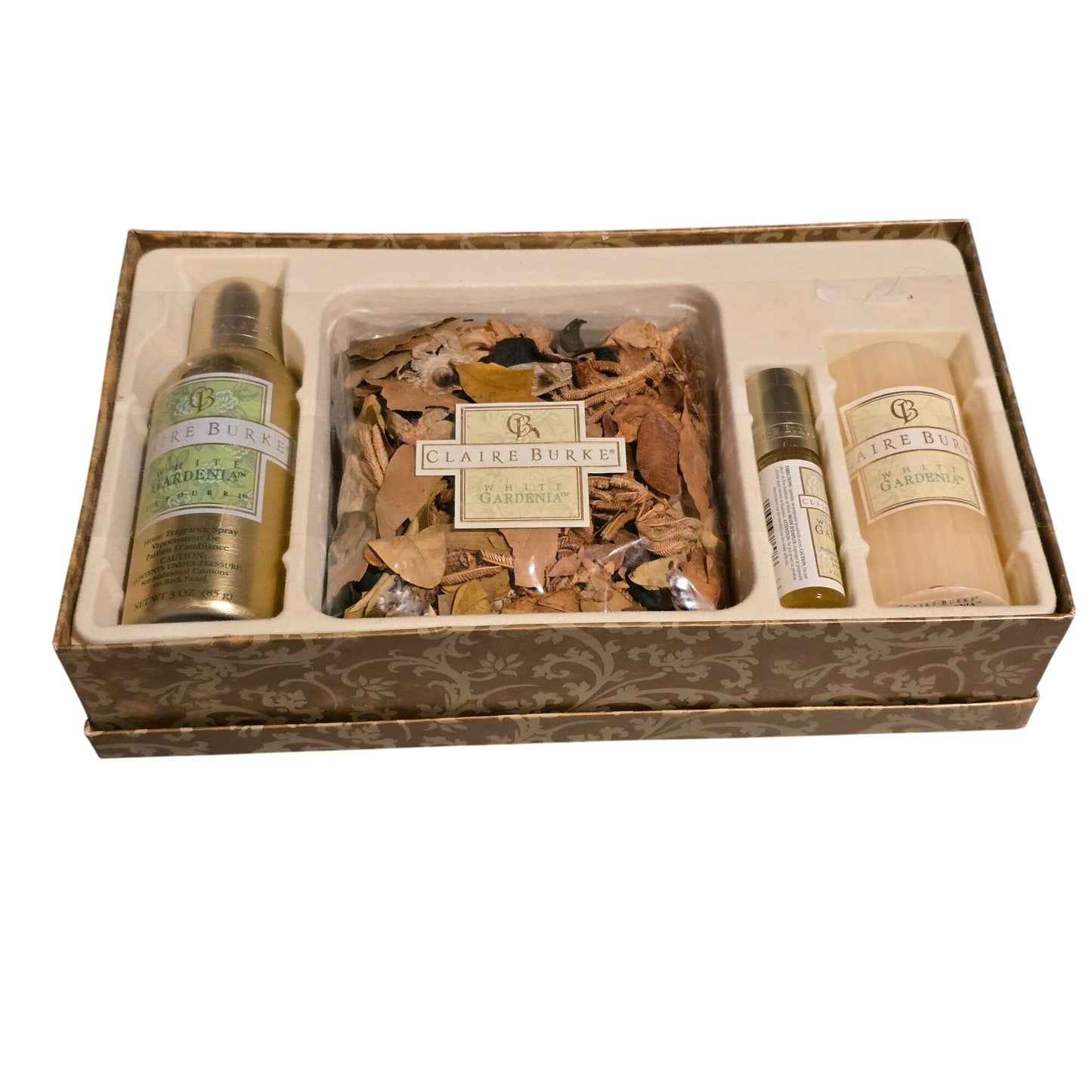 Claire Burke White Gardenia Home Fragrance Set Candle Potpourri Room Spray & Oil