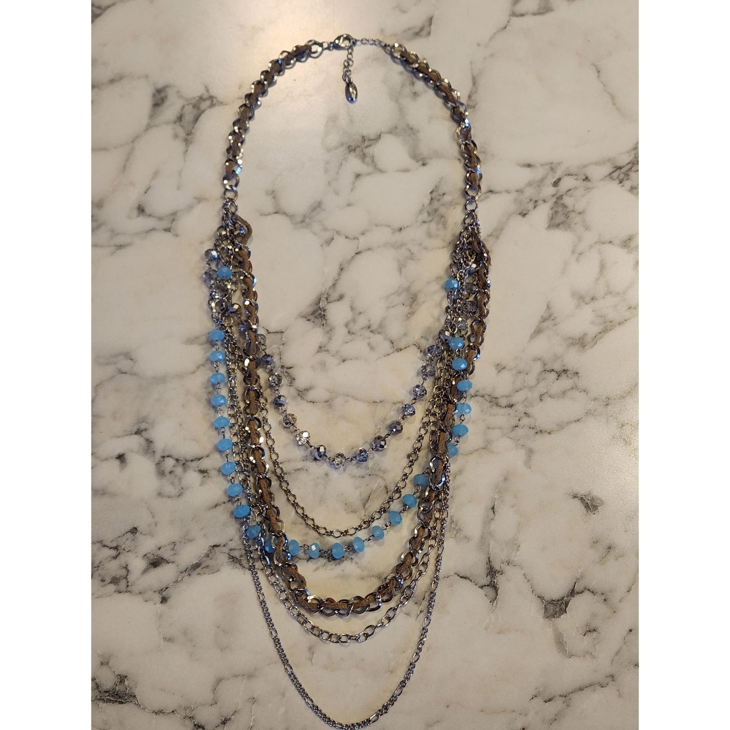 Multi-Layered Chain Necklace With Blue & Crystal Beads