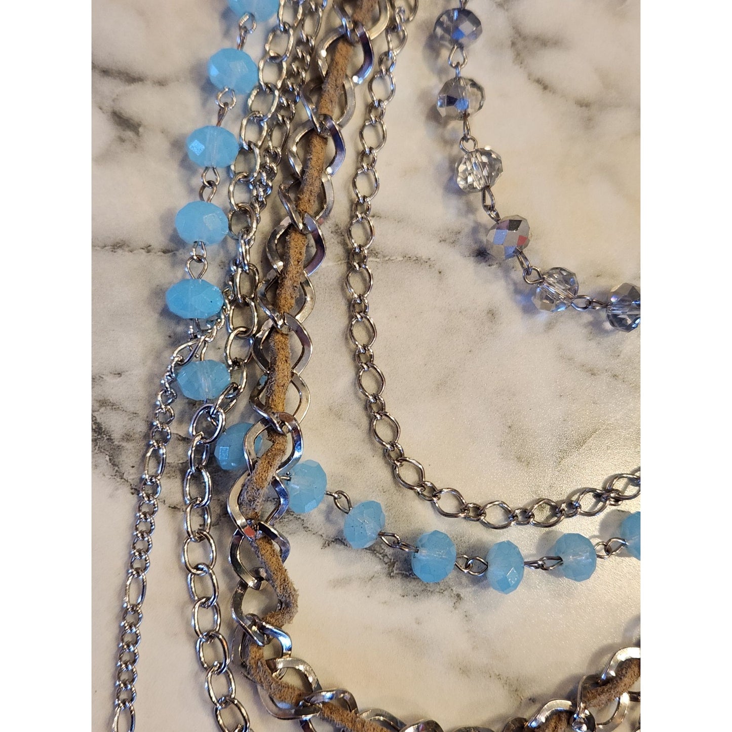 Multi-Layered Chain Necklace With Blue & Crystal Beads