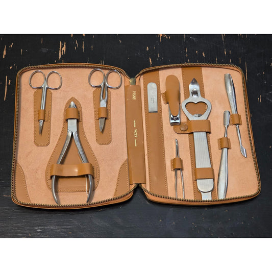 Vintage Wiss Grooming Manicure Pedicure Set Brown Zip Genuine Cowhide Case 9 Pc