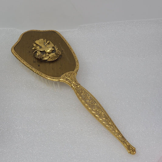 Vintage Hand Held Vanity Gold Tone Hair Brush w/Bird Made in U.S.A